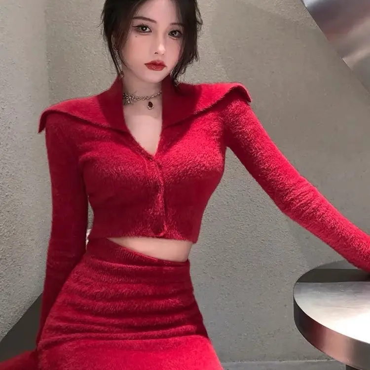 Red Fuzzy Cropped Cardigan Fashionable Sweater Long Sleeve Women Knitwear
