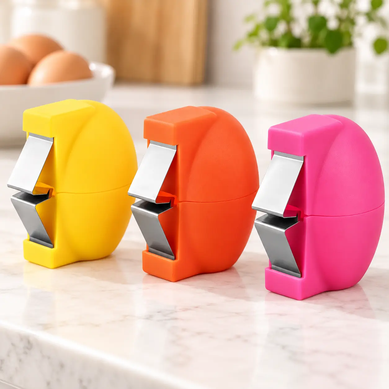 3-Piece Egg Opener Set, Egg Cracker, Peeler & Separator for Raw or Hard-Boiled Eggs, Pink, Yellow and Orange Kitchen Gadgets
