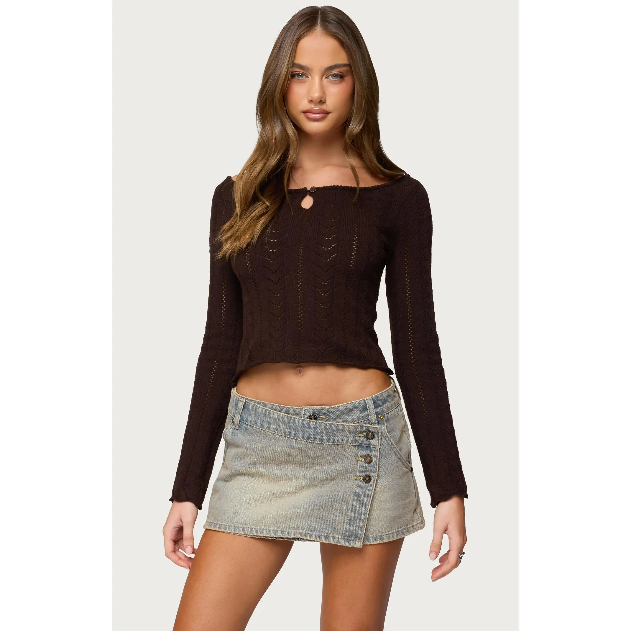 Edikted Women's Khari Keyhole Pointelle Knit Top