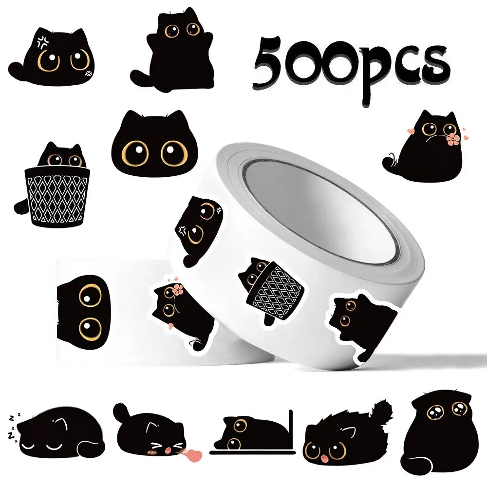 500pcs Cute Black Cat Stickers Roll, 1 Inch Round Adhesive Stickers, Waterproof Kawaii Cat Decals for Journal, Cup, Laptop, Phone Case, Gift Wrapping