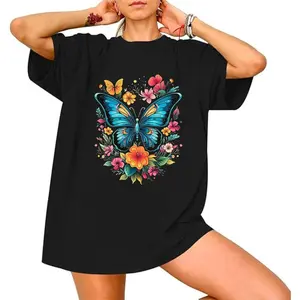 Women's Butterfly Floral Print Short Sleeve Crew Neck Cotton T-Shirt Elegant Butterfly with Flowers Top
