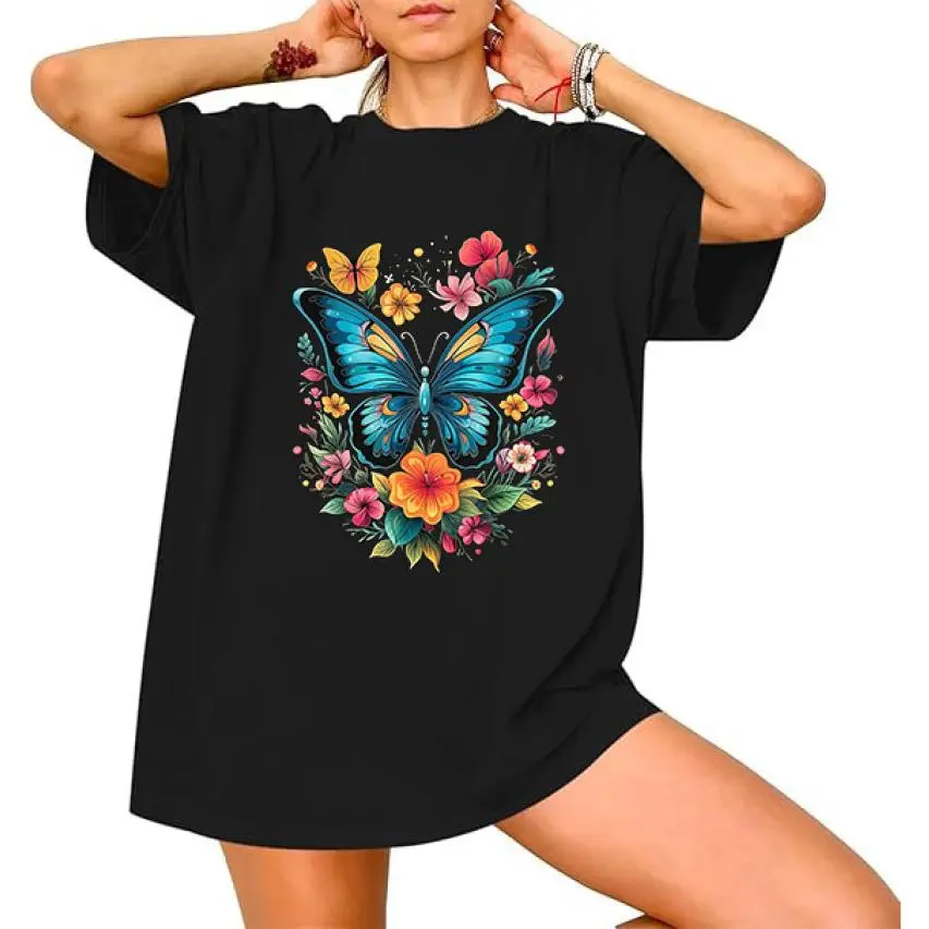 Women's Butterfly Floral Print Short Sleeve Crew Neck Cotton T-Shirt Elegant Butterfly with Flowers Top