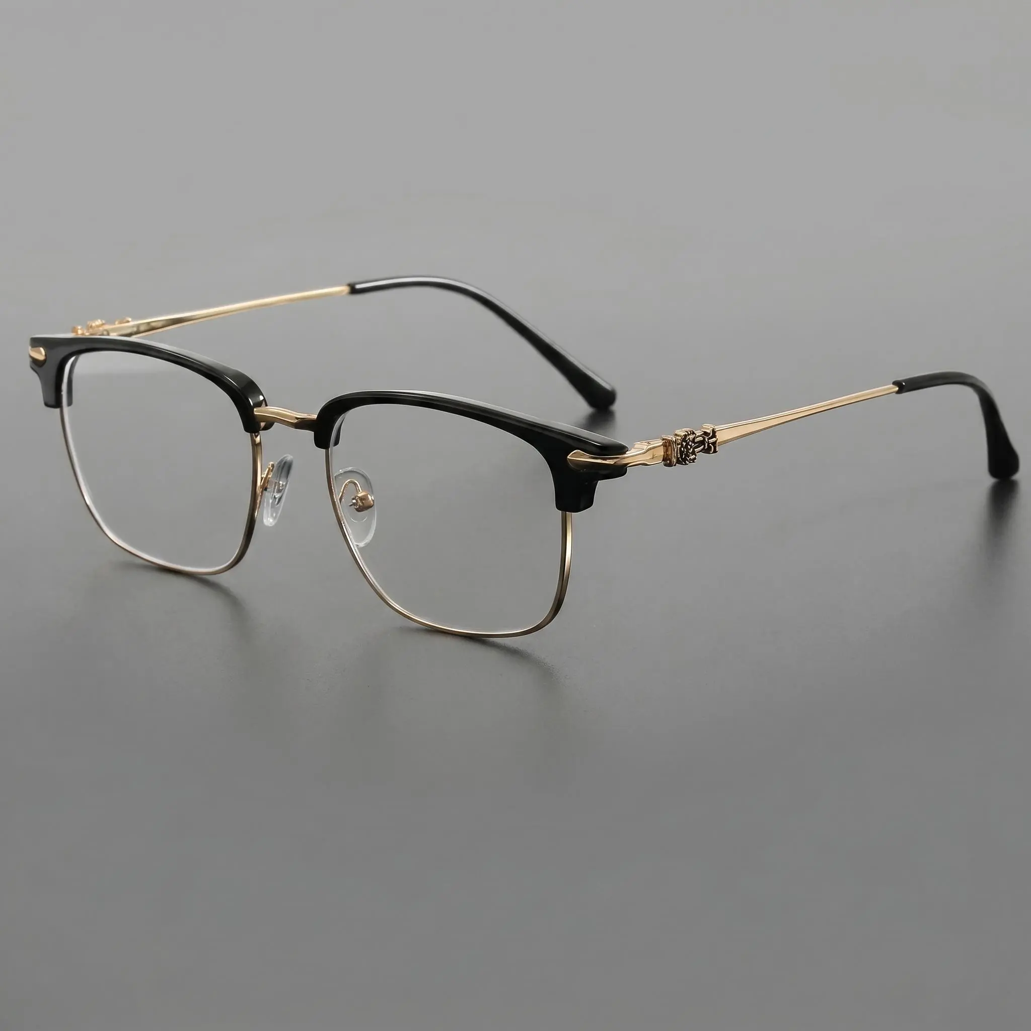 Vintage Half-Rim Brow Non-Prescription Sunglasses for Men and Women, 2-Tone Black Metal Frame, Delicate Carved Pattern Temples, Clear Lens Daily Fashion Decor Eyewear