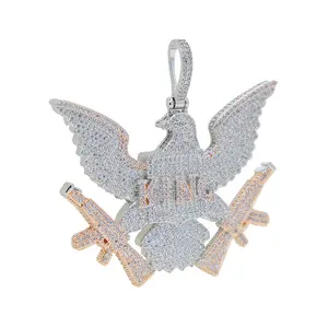 Men's Iced Out KING Eagle Pendant Necklace with Silver & Rose Golden CZ Rifle Charm, Hip Hop Rope Chains, Statement Men's Accessories for Gifting