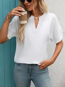 Women's Basic Minimalist Solid Notched Neck Split Sleeve Blouse Shirts, Fashion and Trends Casual Drop Shoulder Half Sleeve Top for Summer, Ladies Clothes for Daily Wear Womenswear