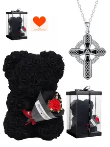 Trinity Weave Heart · Star Cross Niche-designed stylish Celtic cross necklace.Paired with a preserved rose & teddy bear gift box.Perfect mysterious gift for birthdays, Valentine’s Day, Mother’s Day and Christmas.