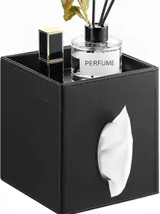 Luxspire Square Tissue Box Cover, PU Leather Square Tissue Box Cover with Storage Tray, Tissue Box Holder, Tissues Cube Boxes Cover for Living Room, Bedroom Countertop Cars Hotels, Black