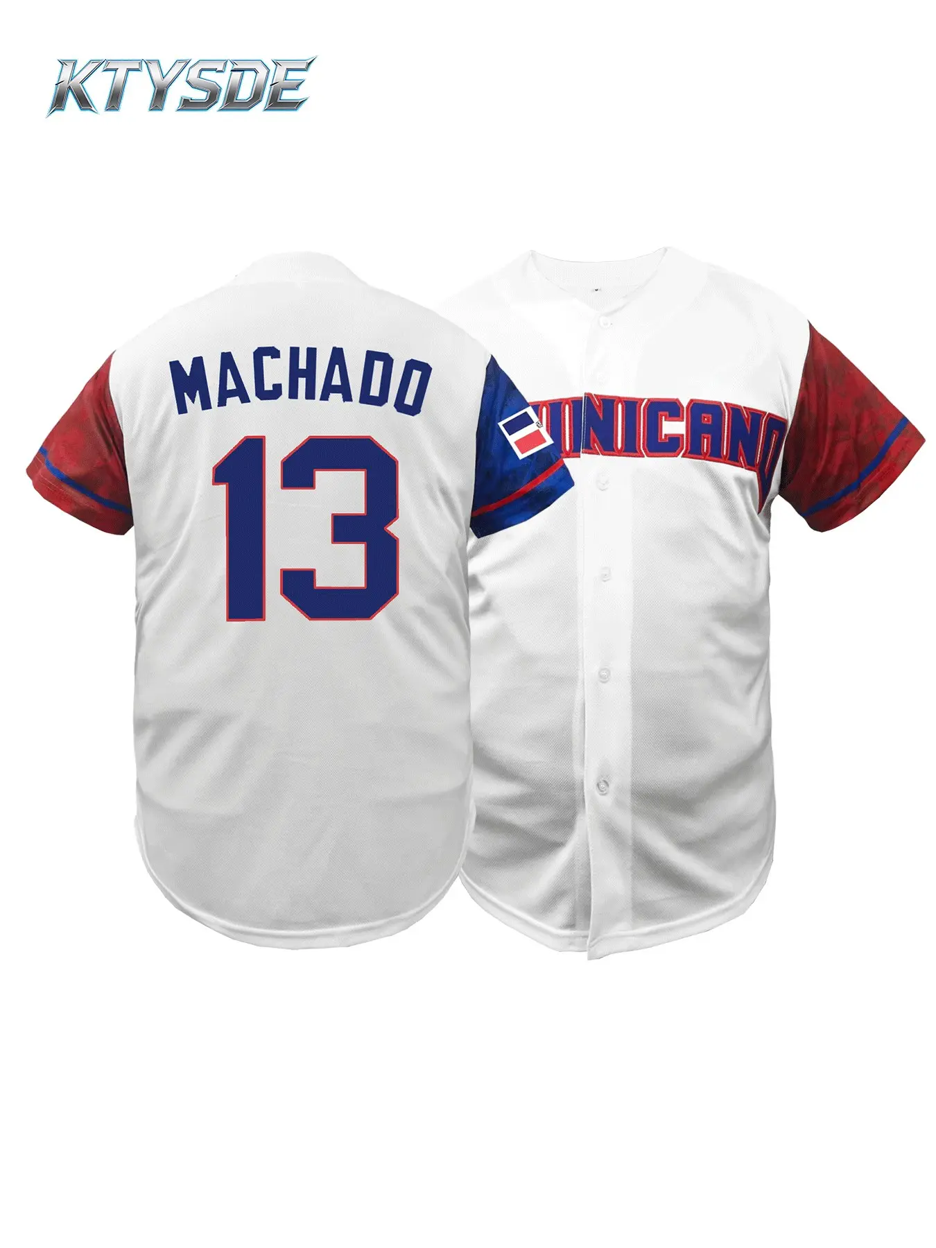 KTYSDE Men's Dominicana #13 Machado Embroidered Baseball Jersey, Embroidery Jersey, White Red Blue Color Block Breathable Athletic Tops Short Sleeve Button Down Fan Edition, for Training, Game, Daily Wear