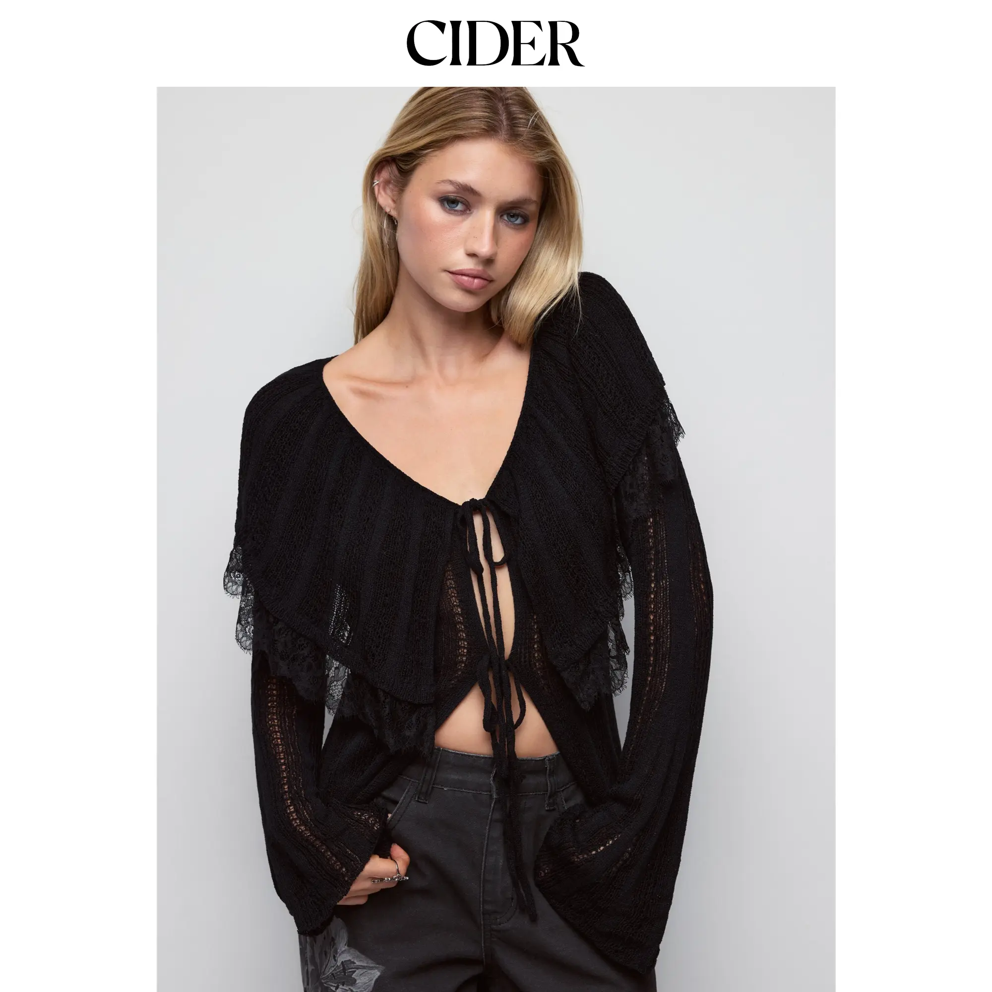 Cider Knit Pointelle V-neck Bell Sleeve Lace Trim Tie Front Longline Cardigan