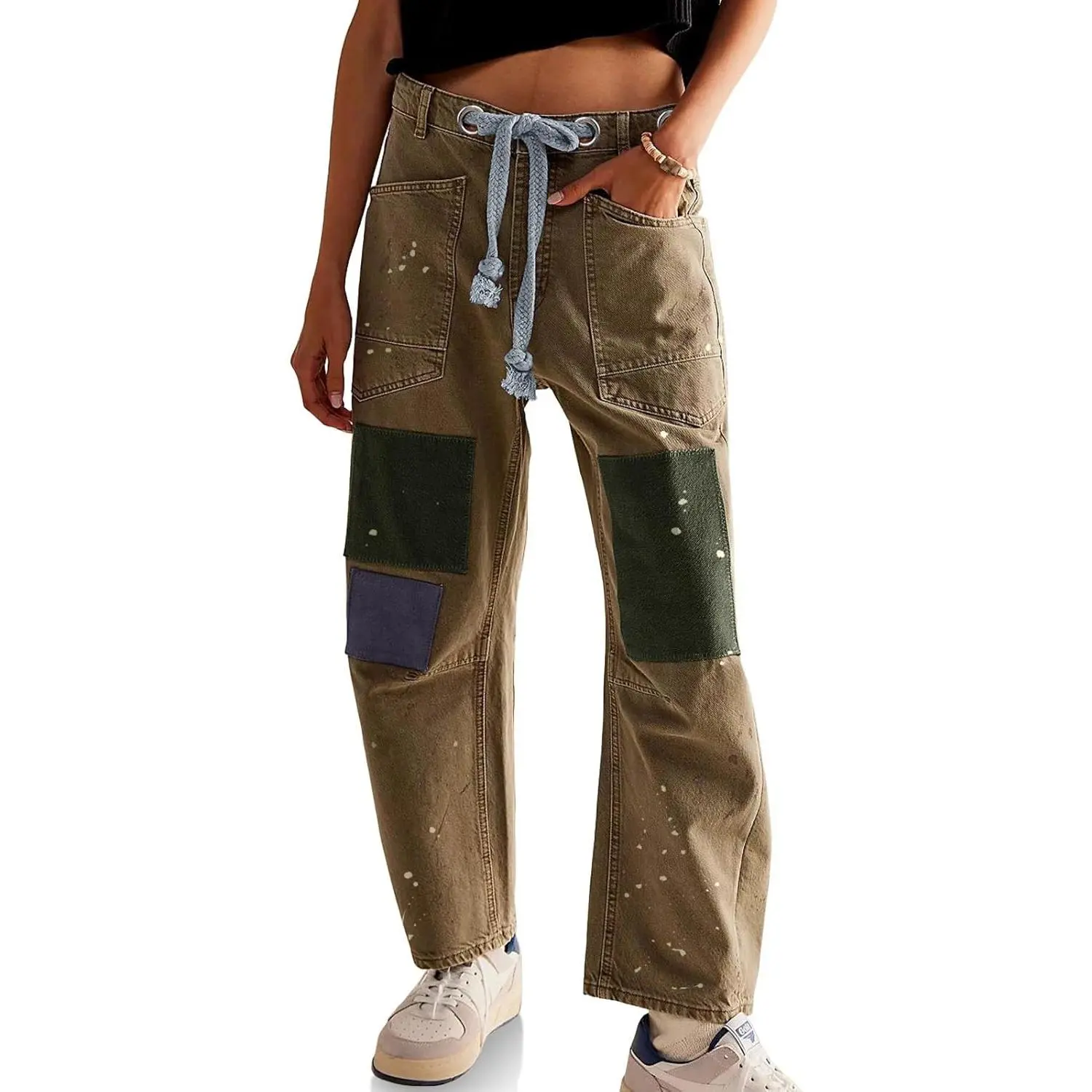 Imily Bela Womens Baggy Barrel Horseshoe Jeans Wide Leg Patchwork Low Rise Denim Pants with Pockets