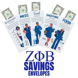 Zeta Phi Beta Savings Envelopes Set - Five Themed Envelopes for Registration, Travel, Food, Shopping, and Miscellaneous Savings - Perfect for Upcoming Events