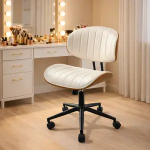 CAODOC Mid Century Modern Office Chair, Armless Upholstered Desk Chair with Walnut Wood Shell, Adjustable Height Swivel Task Chair, Rolling Computer Chair for Home Office