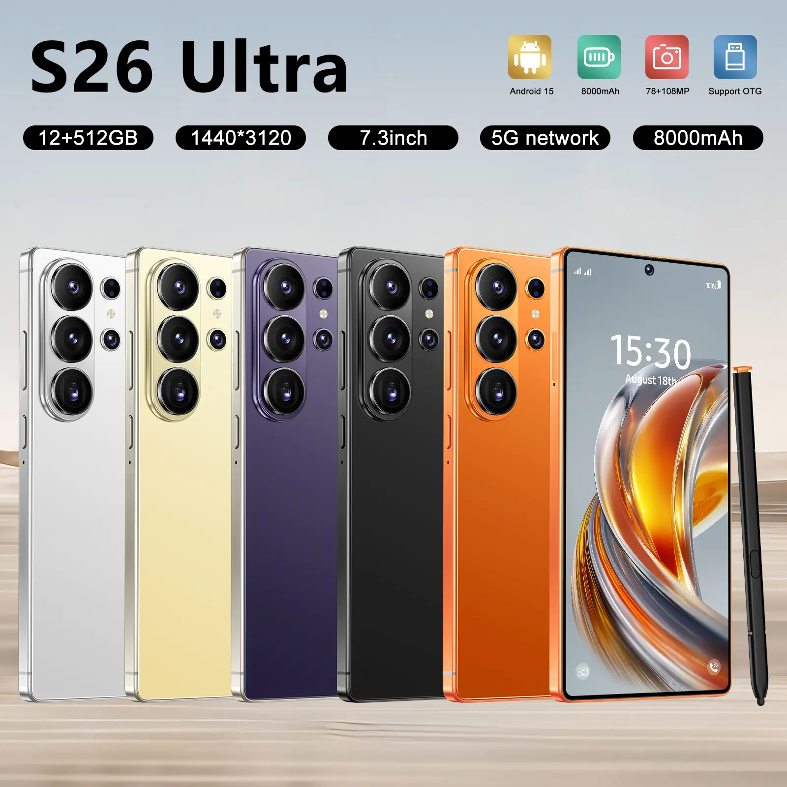 2026 New S26 Ultra 5G Unlocked Phone, Android 15, 12GB RAM + 512GB ROM, 6.99" HD Screen, 78MP+108MP Camera, 8000mAh Battery, Dual SIM, Stylus, Full Accessories