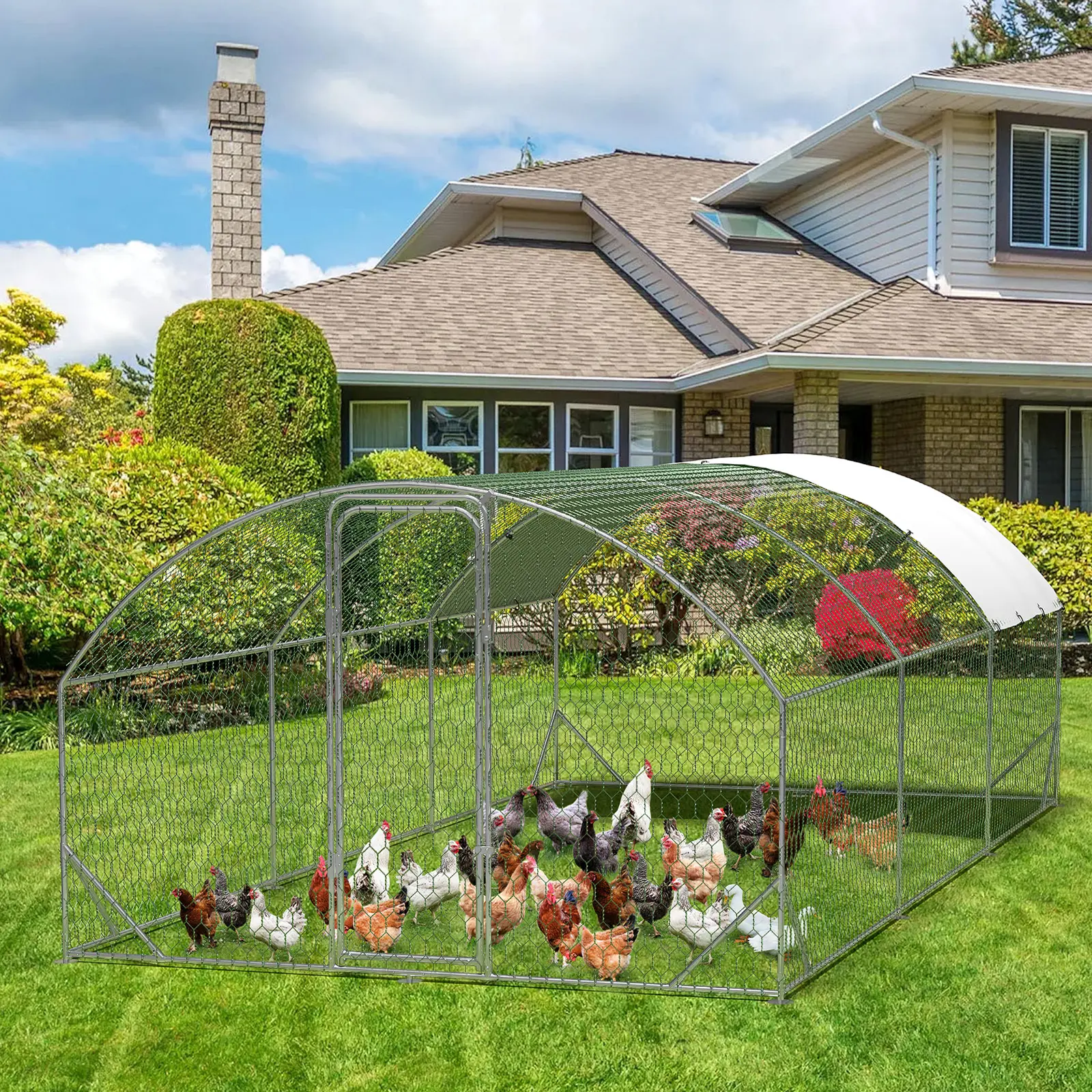 19FT Galvanized Metal Chicken Coop with 4-Corner Reinforcement Ribs, Chicken Wire Fence, Sturdy Construction, Easy Walk-In Access for Outdoor Large Walk-In Poultry Housing