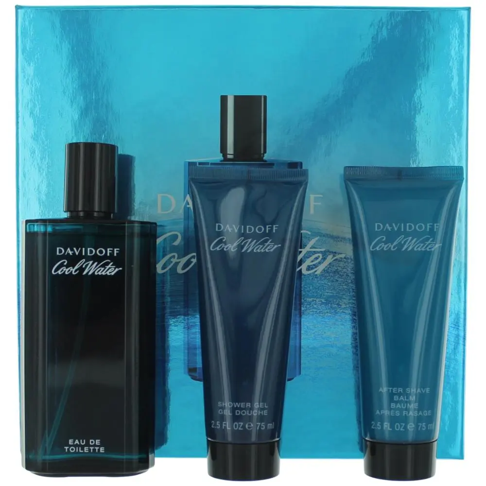 Men's Davidoff Cool Water 3-Piece Cohesive Fragrance Gift Set - 100ml Invigorating Freshness with After Shave Balm, Body Gel, Personal Use