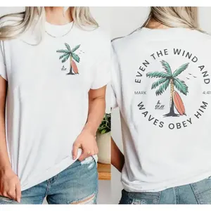 Christian Bible Verse Shirt, Beachy Back Print Tee, Trendy Summer Tshirt, Baptism Gift, Ocean Inspired Style, Short Sleeve Crew Neck Top, Classic Streetwear