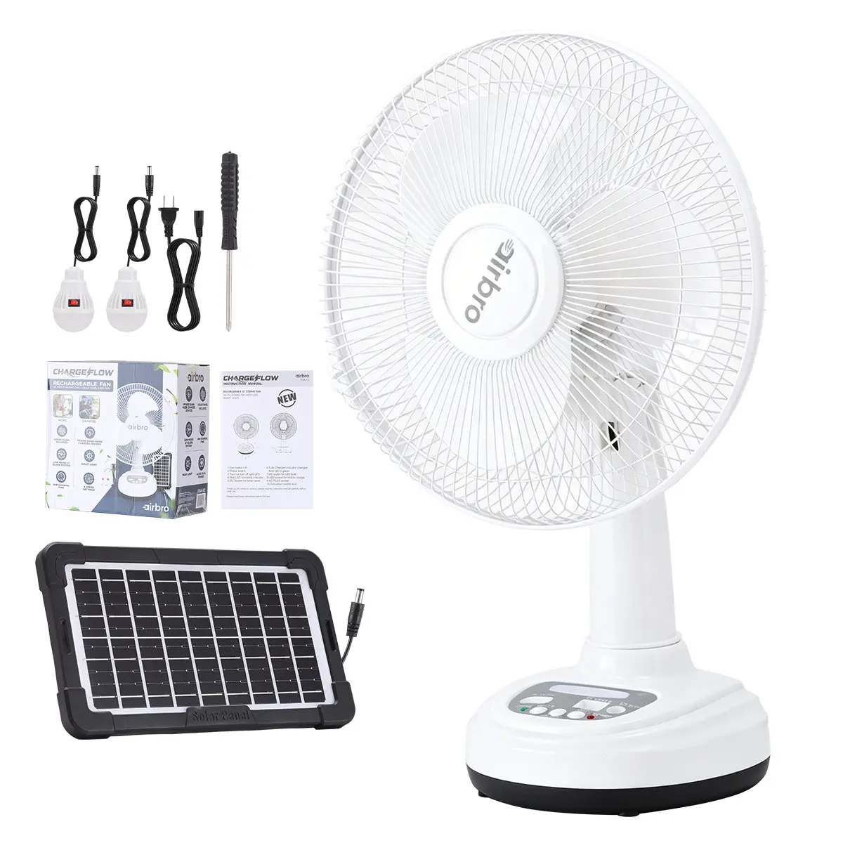 12" Portable Solar Powered Table Fan Rechargeable Fan with 2 LED Bulbs Portable Camping Fan 2 Speed Adjustable