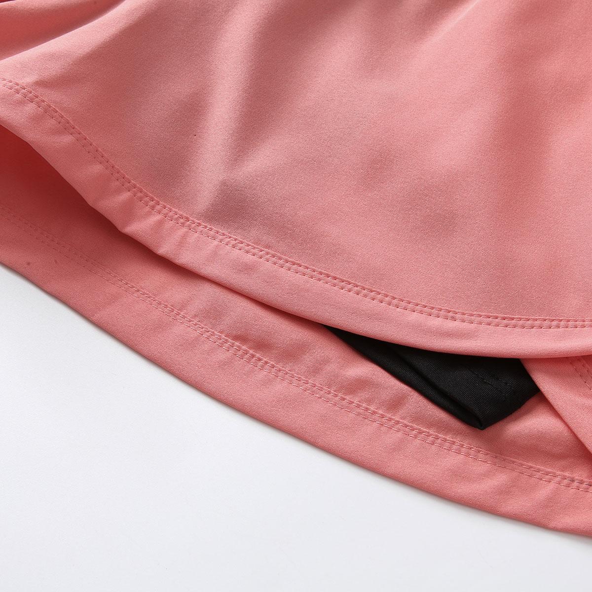 Women’s summer shorts: double-layer faux two-piece mid-length knit pants made from polyester–spandex fabric; breathable, quick-drying compression base layer shorts with elastic drawstring waist; suitable for fitness training, casual sports, and running.