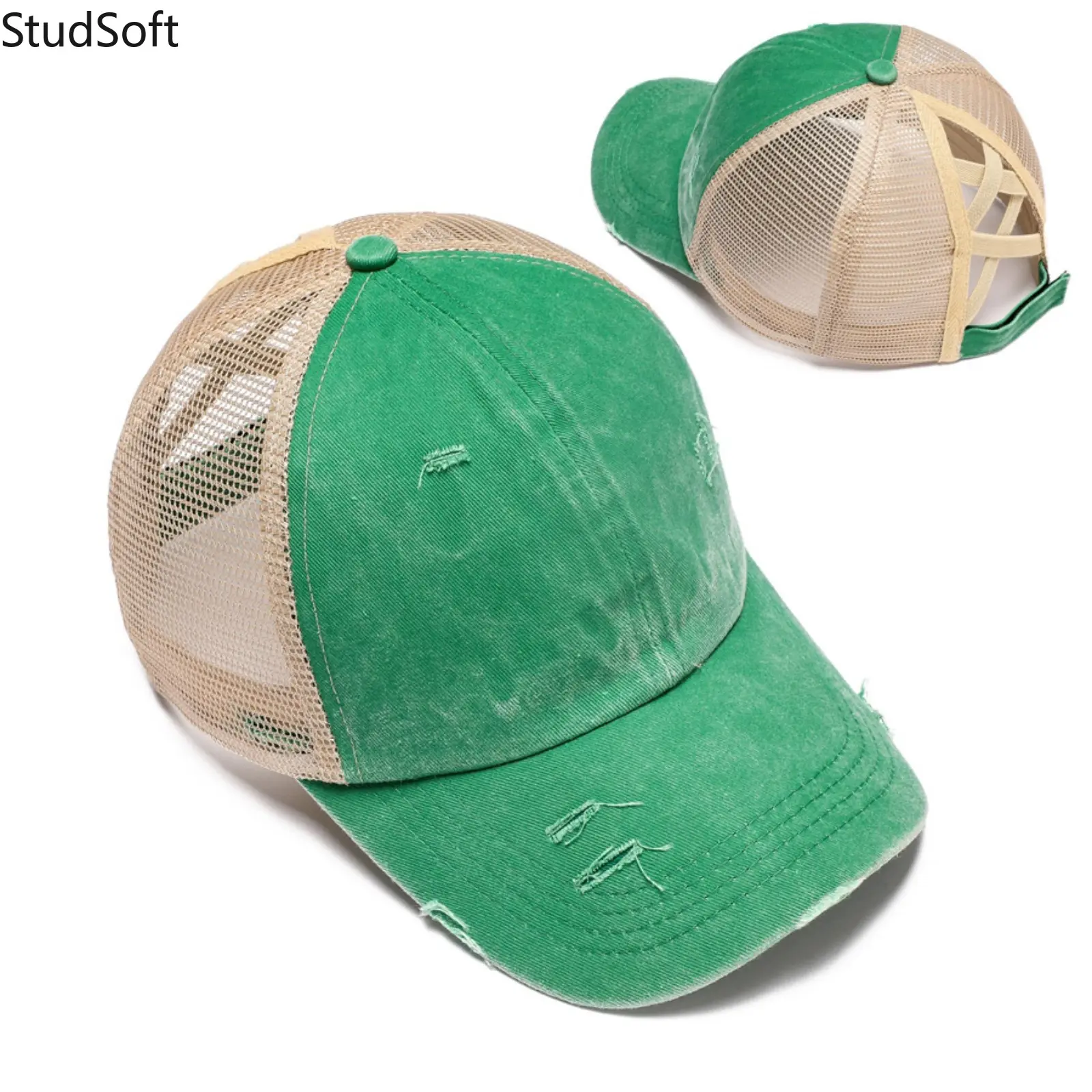 2026 New Trucker Sport Hat - Adjustable Distressed Look Washed Mesh Outdoor Wear, Back Elastic Opening, Double-Crossed Rear Straps, Ponytail Hole Sports Accessory