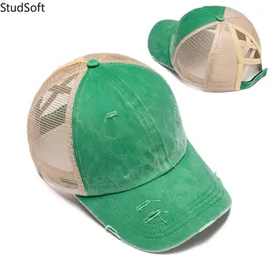 2026 New Style: Distressed & Washed Baseball Cap with Back Elastic Opening, Double-Crossed Rear Straps, and Mesh Panels (Ponytail-Friendly)