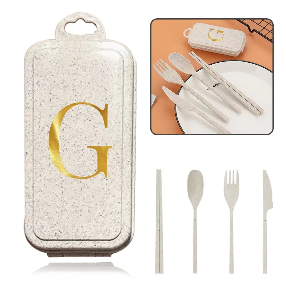 Reusable Cutlery Set with Case, Detachable Wheat Straw Tableware Kit, Foldable Spoon Fork Knife & Chopsticks, Outdoor Family Dining Tools