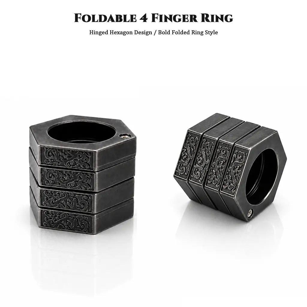 Foldable 4 Finger Ring, Vintage Engraved Hexagon Statement Ring, Hinged Folded Ring with Antique Silver Tone Finish, Unique Jewelry Gift