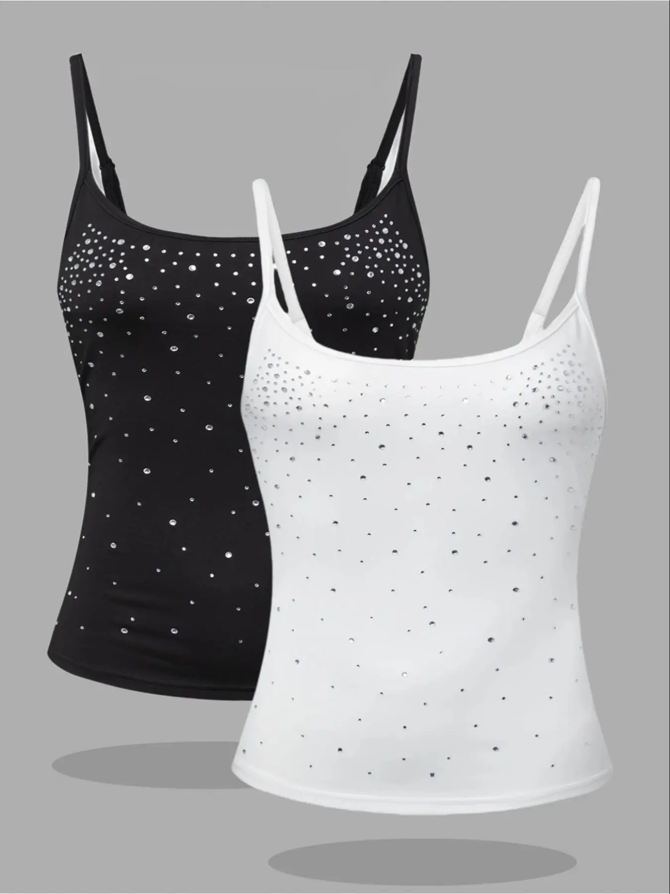 [Plus Size] Rhinestone Decor Spaghetti Strap Elastic Tank Top, Casual Elegant Sleeveless, Casual Chic Sleeveless Top for Daily Wear, Women's Plus Clothing for Summer, Gamis, Womenswear