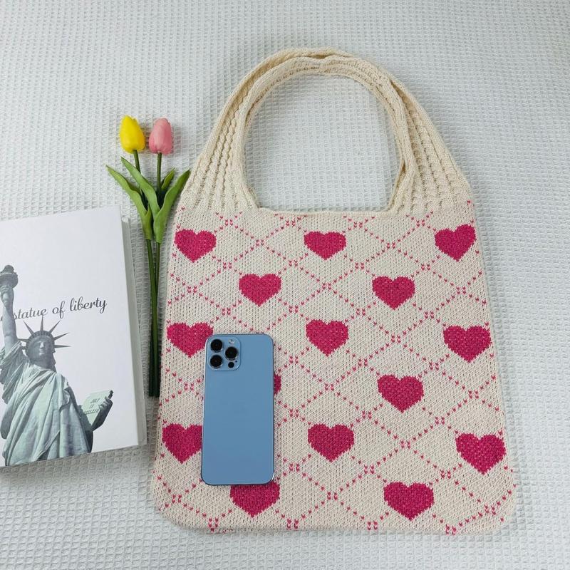 Heart Crochet Tote Bag Cute Valentines Day Gift for Women Adorable Purse with Keychain Cutecore Aesthetic Y2K Style Handbag Perfect Present