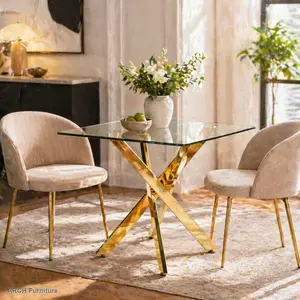 Modern Square Shape Dining Table - 90x90x75cm, Simple Look Glass Top, Metal Cross Base, Stable Chrome or Golden Legs, Easy Setup, Space-Saving Indoor Furniture for Living Room, Kitchen Rectangular Tabletop