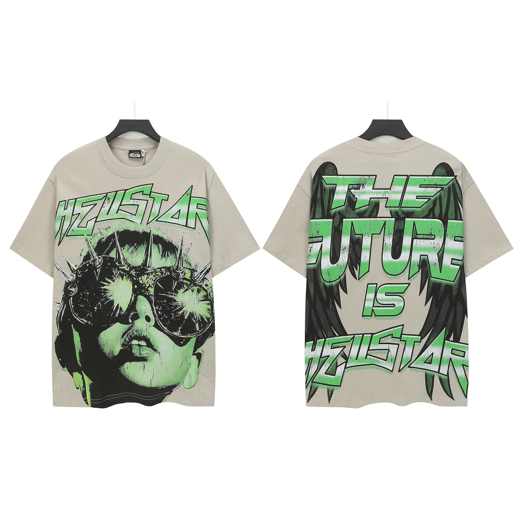 Y2K HELLSTAR Certified Premium The Future Is Shirt Green Gothic Text Wings Back Print Rap Tee Standard Fit Halloween Gift