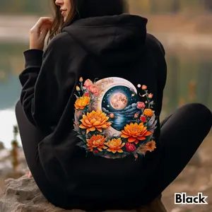 Women's floral moon design Graphic Hoodie - Cotton Blend Black Long Sleeve Pullover Regular Fit | Soft & Breathable Fabric, Durable Print, Everyday Comfort, Machine Washable, boho celestial nature outdoor