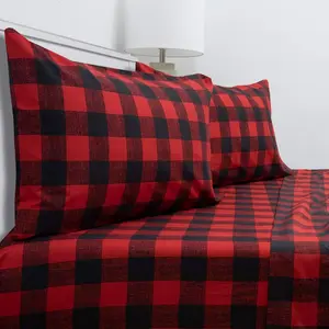 Queen Size - with Full Elastic  Secure Corner Straps Built - 1800 Extra Deep Pocket, Sheet, Queen, Buffalo Check Burgundy