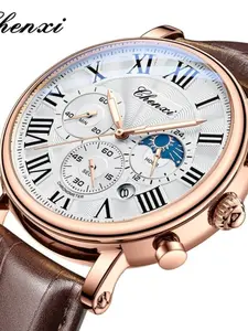 Luxury Elegant Men's Watch, Fashion Business Chronograph Quartz Wristwatch, Automatic Date Leather Waterproof, Casual Style, All Seasons, Band, Durable Watch