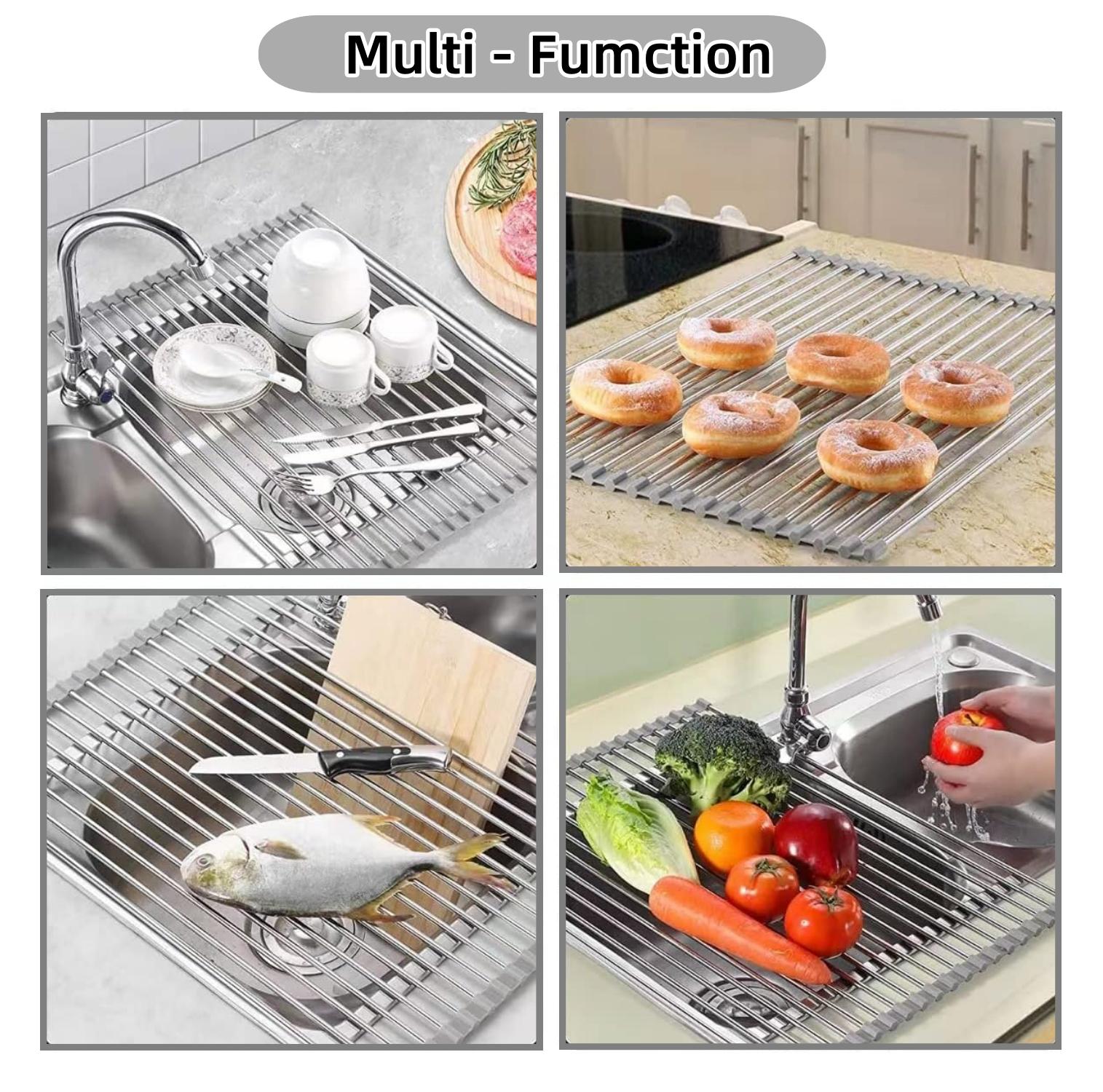 Space Saving Foldable Kitchen Drying Rack Roll-Up Dish Rack for Sink Heat Resistant Stainless Steel & Silicone Multi-Functional Over Sink Dish Mat for Home Travel Apartment Use