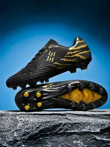 Unisex Black-Gold Professional Soccer Cleats: Long Stud Traction Sole, Breathable Mesh, Tiger Print Design. For Pro Matches/Daily Leisure