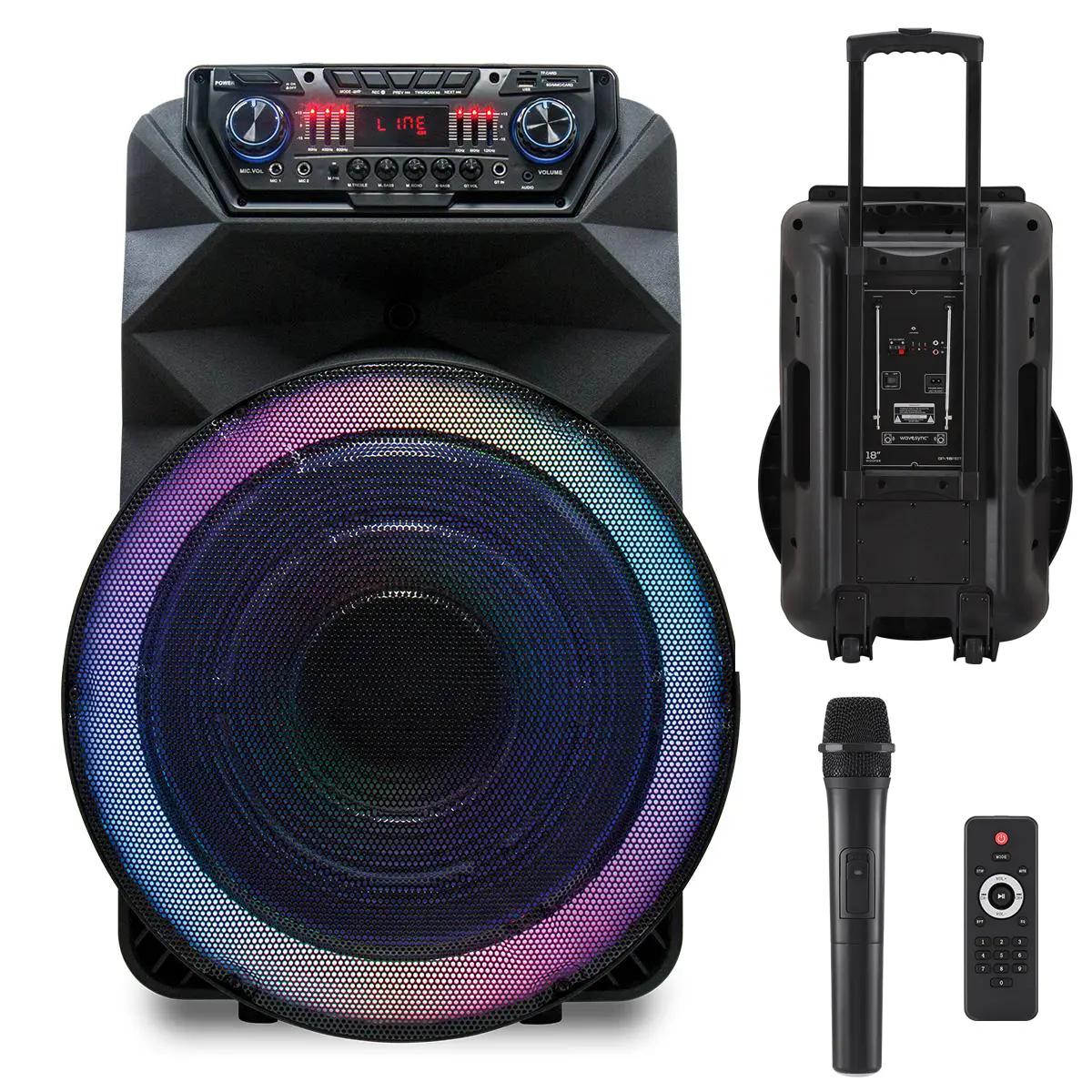 Super Loud Portable Bluetooth PA Speaker System 18inch Sub Woofer Heavy Bass Subwoofer Karaoke Machine Rechargeable Outdoor High Power Audio Equipmen AUX/ TWS/ Rechargeable/FM Radio/ Remote Control / Microphone / LED Lighting/ USB