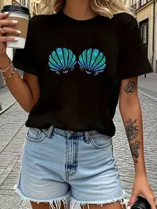 Mermaid Vibes Playful Vacation Shell Bikini Graphic Print Women'S T-shirt |   Short Sleeve Crew Neck Casual Top for Spring/Summer, Medium Stretch Fabric