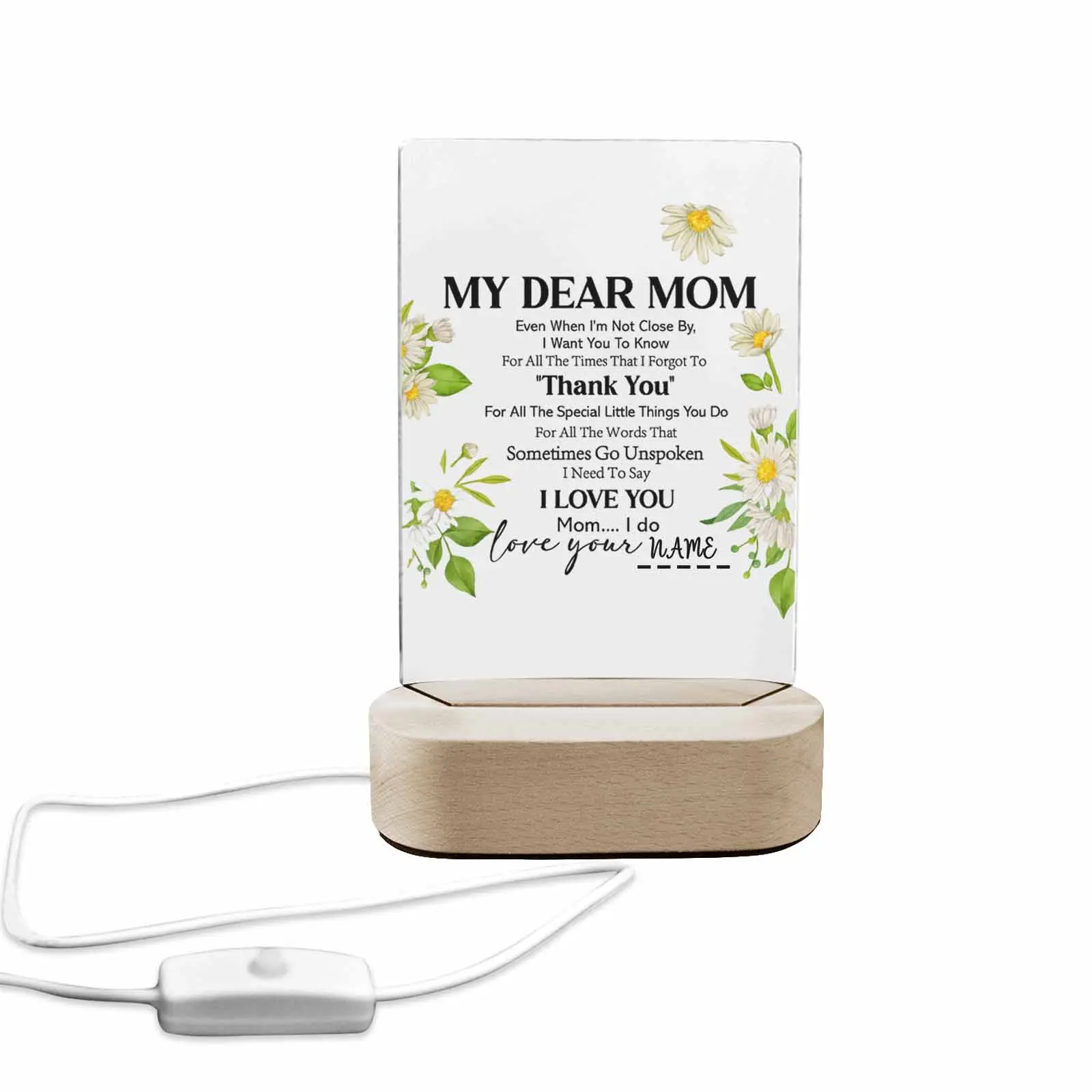 EastJia Custom Floral Graphic Acrylic LED Night Light with Wooden Base, Personalized Decor for Room, Mother’s Day Gift from Daughter-Son - Add Custom Name