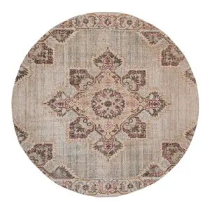 HomeRoots 532099 6 ft. Medallion Power Loom Round Fringe Beige Rug - Decorative Area Rug, Home Decorative Low Pile Stain Resistant, Home Decorative Rug