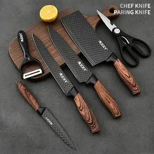 Professional 6-piece cooking utensil set, including practical knives, peeler, and scissors made of high-carbon stainless steel, ultra-sharp, with non-stick ergonomic wooden handles. Chef knife set, suitable for home use, travel, and as a gift box