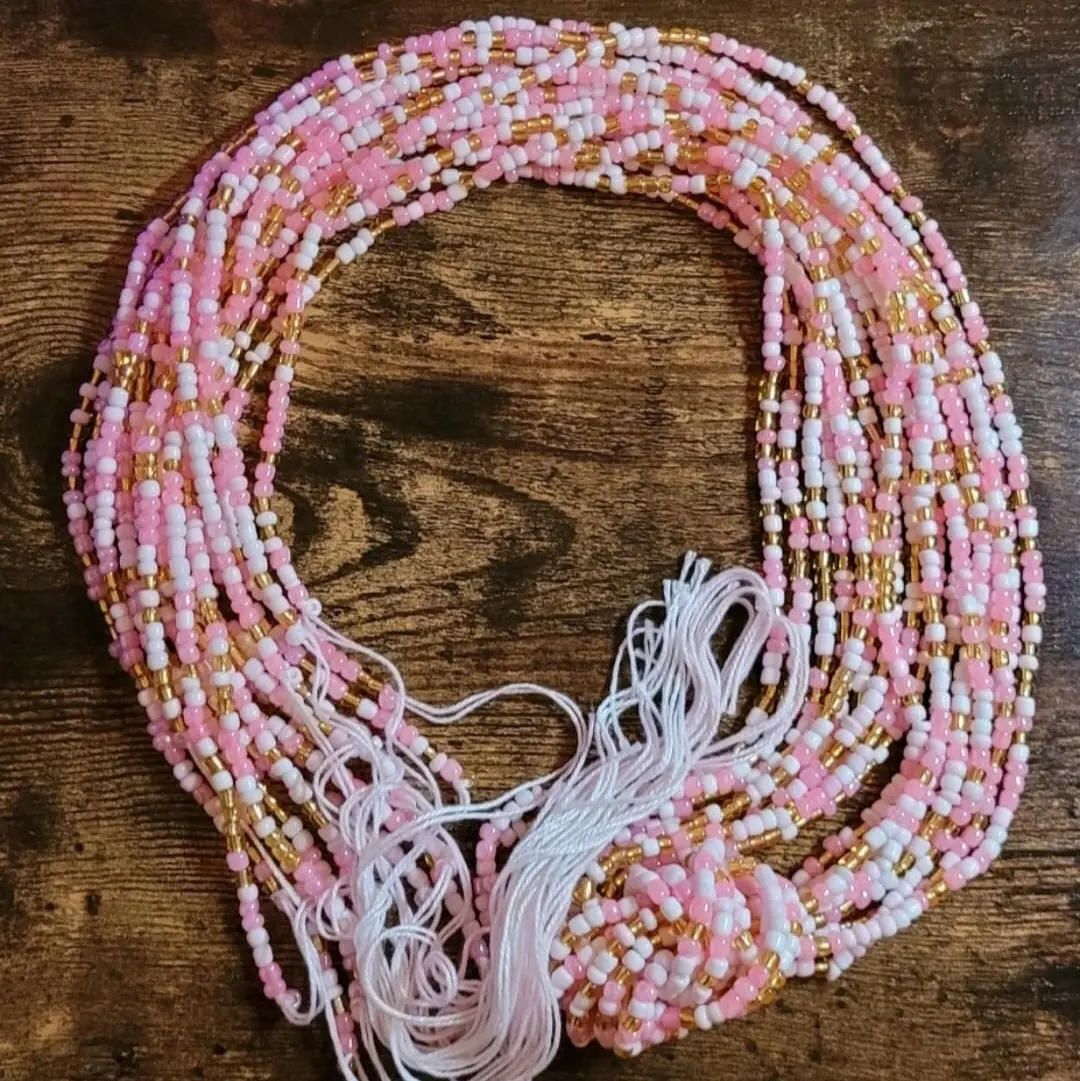 Tie On Body Jewelry - White, Pink, & Gold Waistbeads for Women, 48'' Length