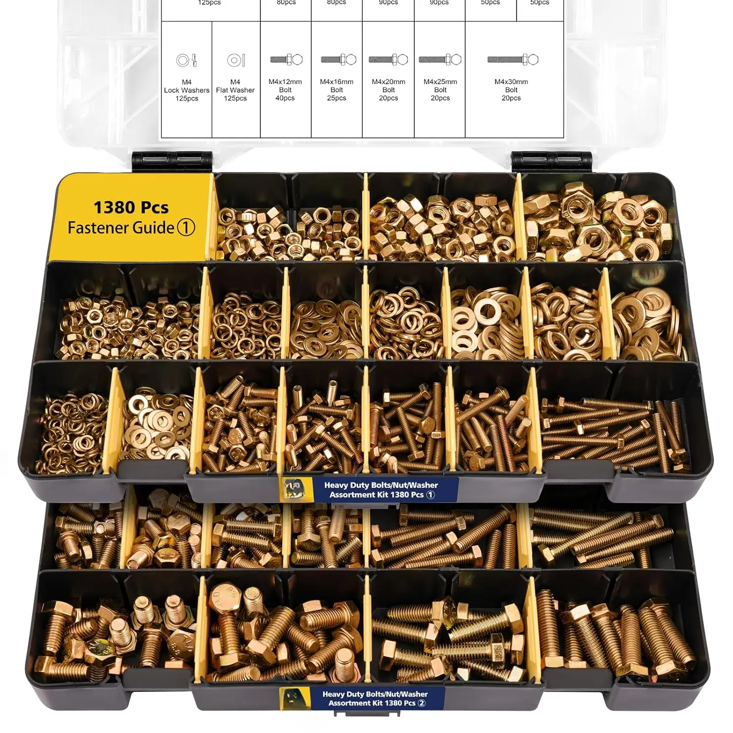 1380 Pieces Carbon Steel Metric Bolt Set - Heavy Duty Grade 8.8 M4 M5 M6 M8 Bolts with Assorted Lock Washers, Yellow Zinc Plated, 12-30mm Length, Ideal for Furniture Making
