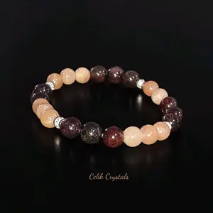 Garnet and Peach Moonstone Bracelet Natural Stones 8mm Beads - Protection, Grounding New Beginnings