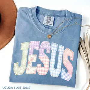 Comfort Colors Jesus T-Shirt, Faux Quilted Faith Tee, Varsity Christian Shirt, Preppy Cottagecore Religious T-Shirt, Trendy Inspirational Apparel