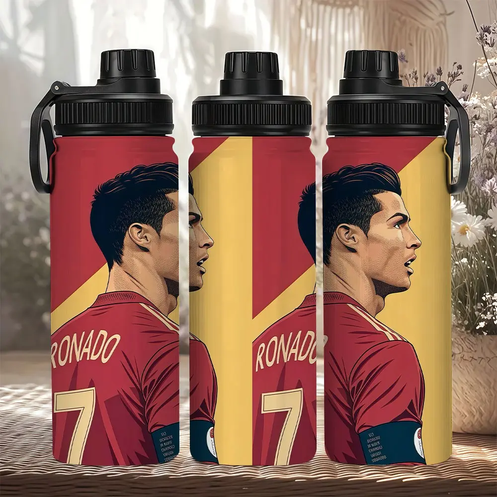 1pc 20oz stainless steel thermos cup, Tumbler, with portrait pattern on Cristiano Ronaldo's wine red jersey in manga style, black top with non-skid screw cap and hanging button design, football theme water cup, Insulated Vacuum Flask