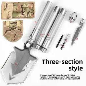 CampingShovel 13-in-1 Three-section Style Portable Compact with Compass Whistle Glass Breaker & Extension Rod for Outdoor Use