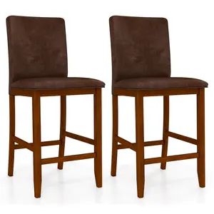 COSTWAY - Set of 2 Counter Barstools with Rubberwood Legs and Upholstered Seat-Walnut