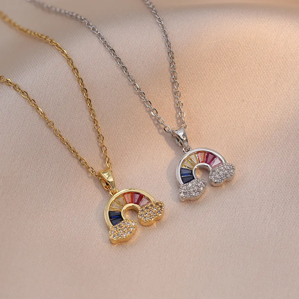 2PCS Colorful Cloud Necklaces for Women, Colorful Sweet Rainbow Clouds, Simple Style Choker Pendant, Trendy Design Titanium Steel Necklace