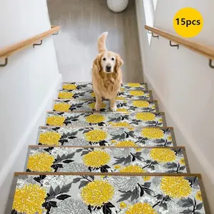 15pcs Anti-Slip Durable Stair Mats Set, Flower Pattern Stair Carpet, Home Stair Protection Pad, Non-Slip Stair Mat, Stair Step Pads