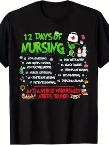 Funny 12 Days of Nursing Christmas T-Shirt - Humor Gift for Nurses, Unisex S-3XL, Short-Sleeve Cotton Tee with 12 Days Phrases (Sepsis Awareness, IV Drips), Year-Round Wear